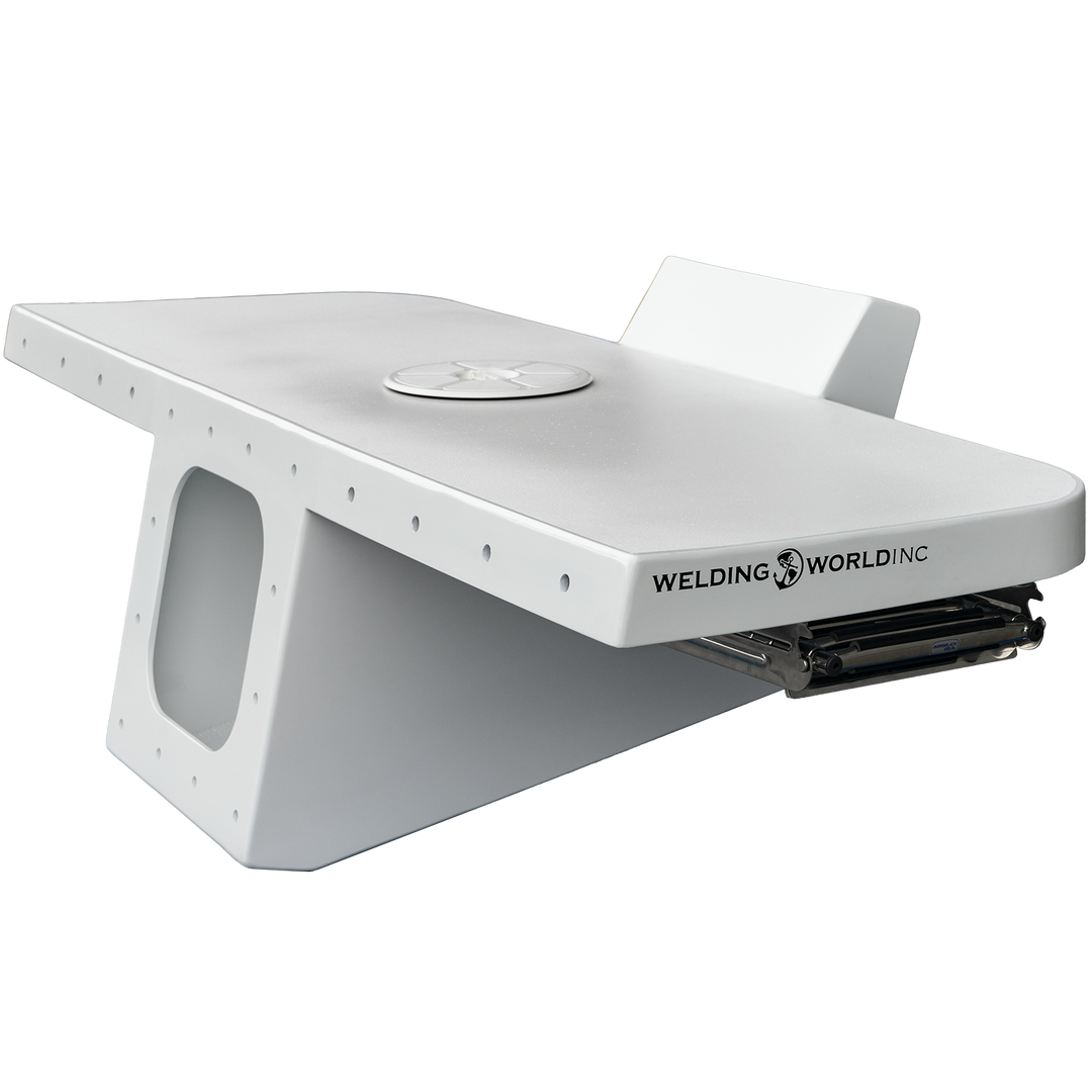 A white Apex Single Engine 16° Transom Bracket with a sleek design, featuring the logo "WELDING WORLD INC" prominently displayed on the side. The bracket has a smooth surface and a cutout for mounting, showcasing its sturdy construction