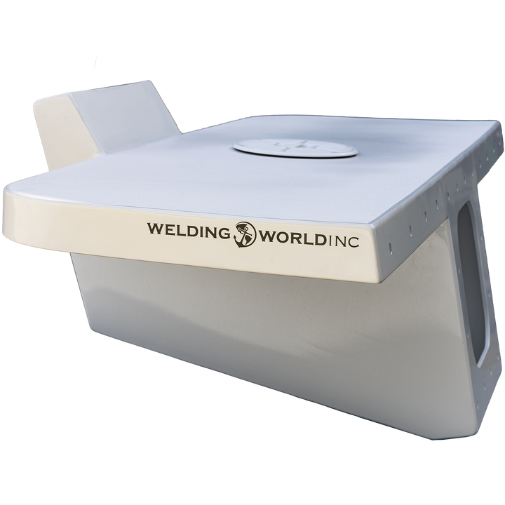 A white Apex Single Engine 16° Transom Bracket with the logo "WELDING WORLD INC" displayed on the side, featuring a flat top and a slanted design for mounting on a boat. The background is transparent