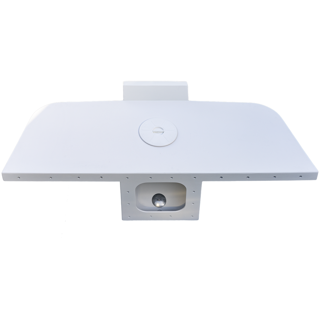 A top view of a Standard Apex Single Engine 16° Transom Bracket, featuring a smooth white surface with a circular access port in the center and multiple mounting holes along the edges. The bracket is designed for marine applications, providing support for a single engine installation