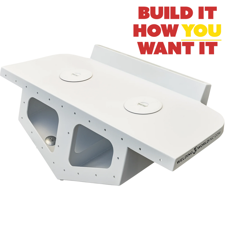 A white, custom high flotation twin outboard engine bracket labeled "Mk.2" with a geometric, angular design. It features multiple mounting holes and cutouts, and has the text "WELDING WORLDWIDE" on the side. The background is a transparent checkerboard pattern, and there is colorful text in the top right corner that says "BUILD IT HOW YOU WANT IT."