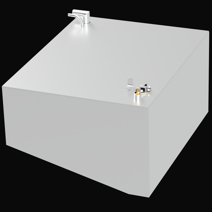 A 3D model of a rectangular fuel tank for a Formula 27 PC 2007, labeled for port and starboard sides. The tank is silver with multiple fittings on the top, including a pipe and valve. It has dimensions of approximately 28 inches in width, 36 inches in length, and 18 inches in height, set against a black background