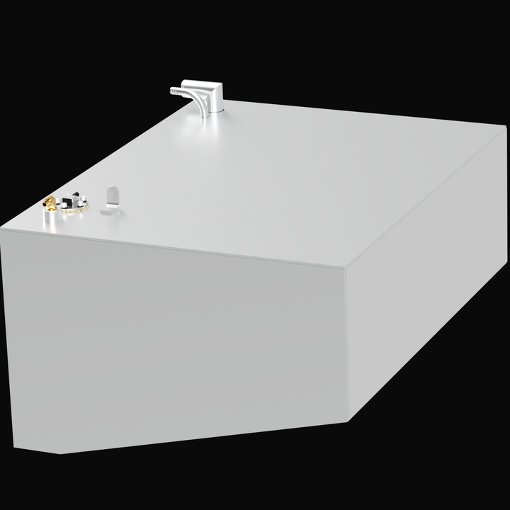 A 3D-rendered image of two black rectangular fuel tanks labeled for a Formula 27 PC 2007, positioned side by side. Each tank has fittings and connectors on the top surface, with measurements indicating a width of 28 inches, length of 36 inches, and height of 18 inches. The tanks are set against a black background