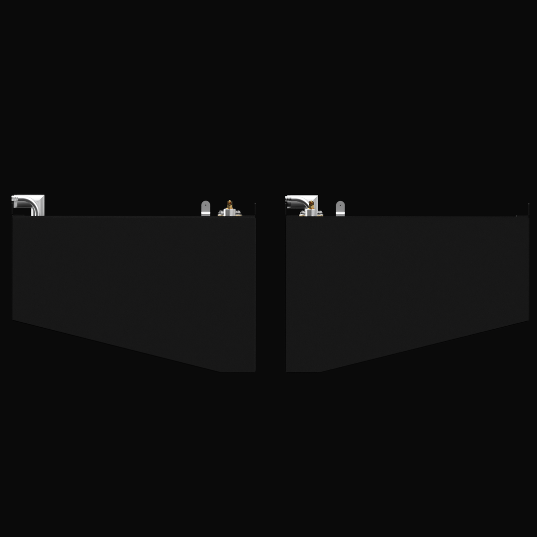 Two black rectangular fuel tanks labeled for a Formula 27 PC 2007, positioned side by side. Each tank has fittings and connectors on the top surface, with dimensions of 28 inches in width, 36 inches in length, and 18 inches in height. The tanks are set against a black background