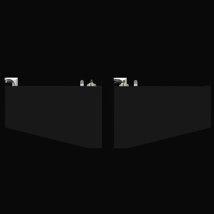 Two black rectangular fuel tanks labeled for a Formula 27 PC 2007, positioned side by side. Each tank has fittings and connectors on the top surface, with dimensions of 28 inches in width, 36 inches in length, and 18 inches in height. The tanks are set against a black background