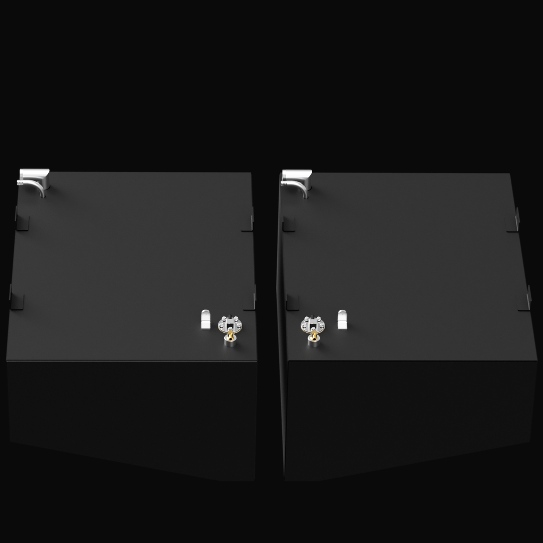 Two black rectangular fuel tanks labeled for a Formula 27 PC 2007, positioned side by side. Each tank has fittings, valves, and a gauge on the top surface, with dimensions of 28 inches in width, 36 inches in length, and 18 inches in height. The tanks are set against a black background