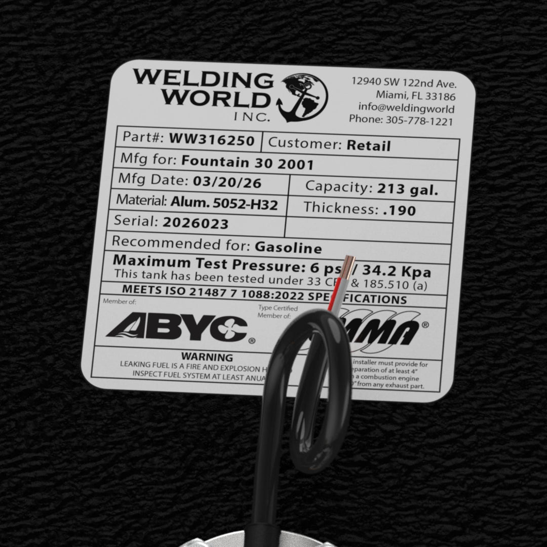 Close-up profile of the 213-gallon Fountain 30 (2001) fuel tank showcasing the thick Coal Tar Epoxy finish and structural TIG welds. This view highlights the tank's 13.5-inch height and the rugged mounting tabs designed for a guaranteed fit in the original factory stringer system.