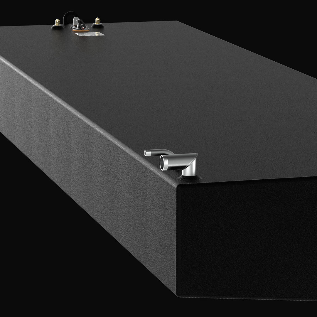 Close-up of the 213-gallon Fountain 30 (2001) fuel tank showing the heavy-duty Coal Tar Epoxy coating and a precision-welded mounting tab. This detail confirms the thick, corrosion-resistant finish and structural reinforcement required for a guaranteed OEM fit in high-performance offshore boat stringer systems.