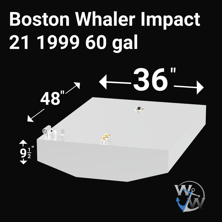 Isometric top-front view of a white marine fuel tank designed for a Boston Whaler Impact 21 (1999) with a 60-gallon capacity. The tank has a beveled front edge and features multiple metallic and brass fittings on the top surface, including angled fuel ports and a central access fitting.