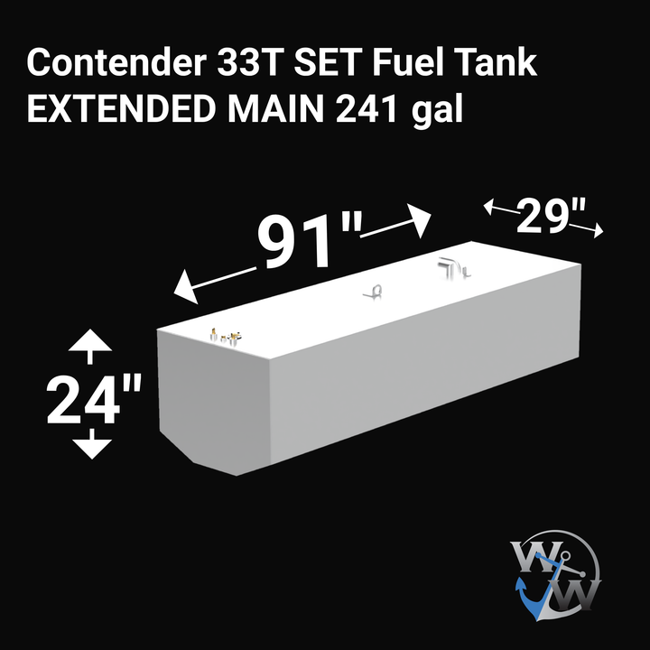 Perspective view of a white fuel tank labeled "Contender 33T SET Fuel Tank EXTENDED MAIN 241 gal." The tank has dimensions marked: 91 inches long, 29 inches wide, and 24 inches tall. Various metallic fittings and connectors in silver and gold are visible on the tank’s top. The background is black