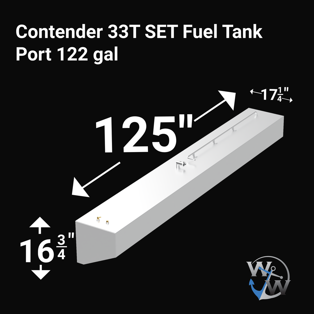 Perspective view of a white fuel tank labeled “Contender 33T SET Fuel Tank Port 122 gal.” The tank dimensions are marked as 125 inches long, 17 1/4 inches wide, and 16 3/4 inches tall. The tank has metallic fittings and a railing on top. The background is black.