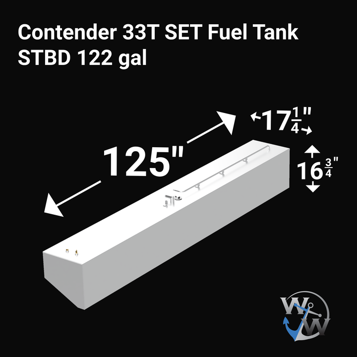 Perspective view of a white fuel tank labeled “Contender 33T SET Fuel Tank STBD 122 gal.” The tank has dimensions marked: 125 inches long, 17 1/4 inches wide, and 16 3/4 inches tall. A metallic railing runs along the top of the tank, along with several fittings in silver and gold. The background is black