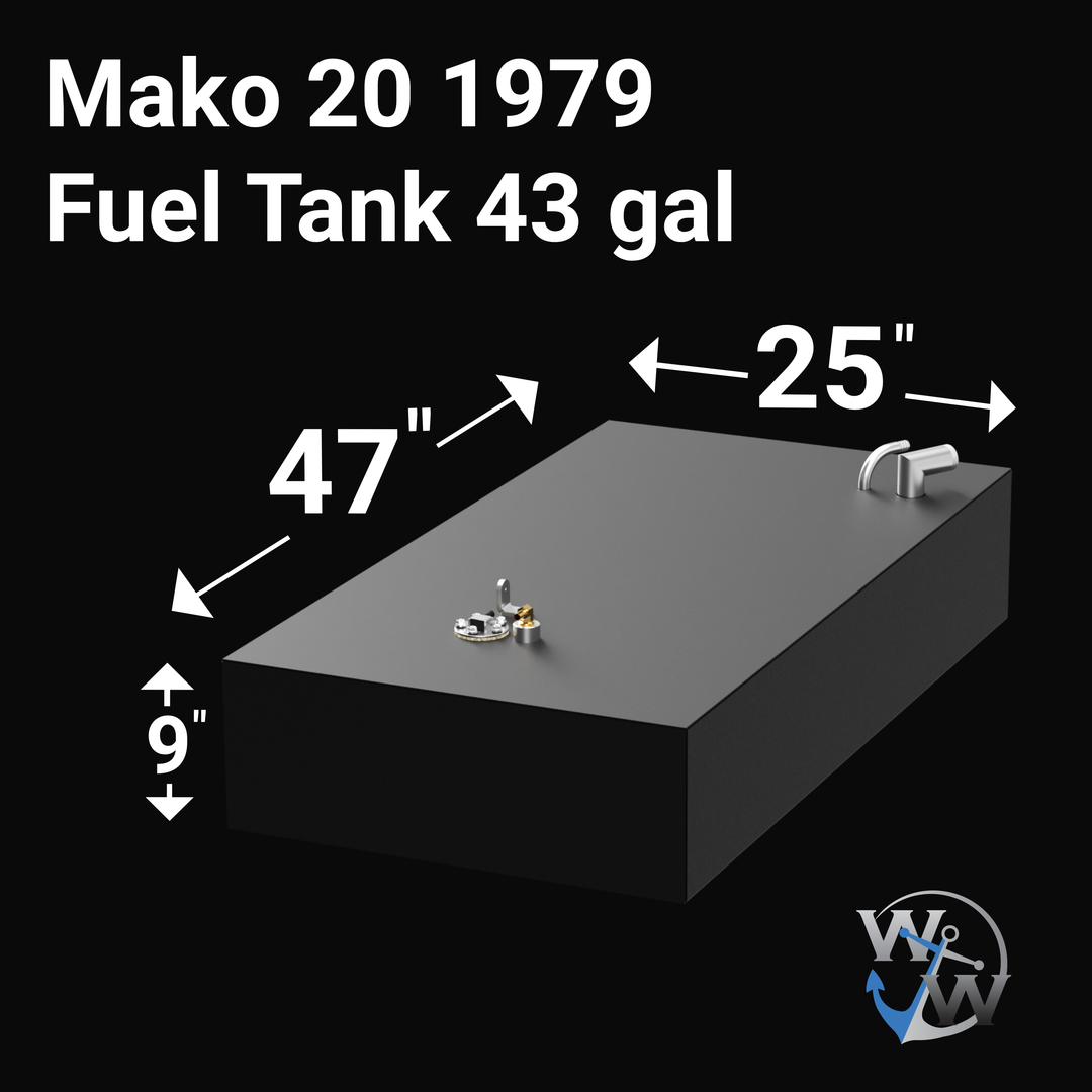 3D render of a black marine fuel tank for a Mako 20 1979 boat, labeled with dimensions 47" long, 25" wide, and 9" high, with a capacity of 43 gallons. The tank features a fuel fill pipe with an elbow on one corner, and a sending unit with brass fittings on the top surface near the center. The background is black, and the image includes the logo of a marine company in the bottom right corner
