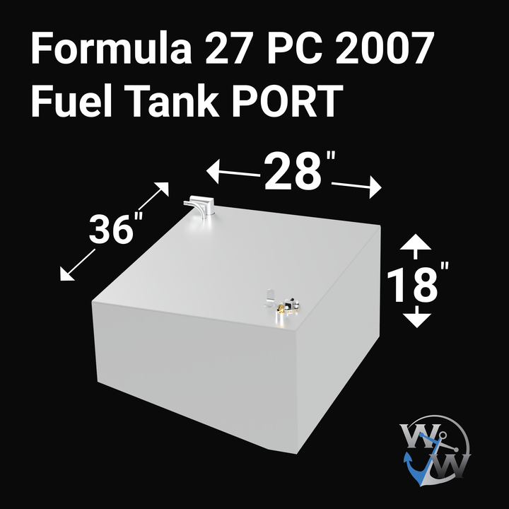 Two black rectangular fuel tanks labeled for a Formula 27 PC 2007, designed for port and starboard sides. The tanks are shown from an angled view, each with fittings on the top surface. The image also includes measurements of 28 inches in width, 36 inches in length, and 18 inches in height. The background is black with a logo in the bottom right corner