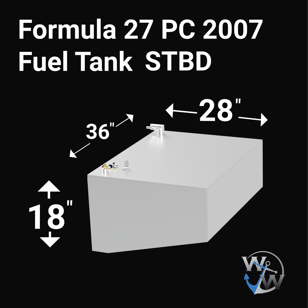 Two black rectangular fuel tanks labeled for a Formula 27 PC 2007, designed for port and starboard sides. The tanks are shown from an angled view, each with fittings on the top surface. The image also includes measurements of 28 inches in width, 36 inches in length, and 18 inches in height. The background is black with a logo in the bottom right corner