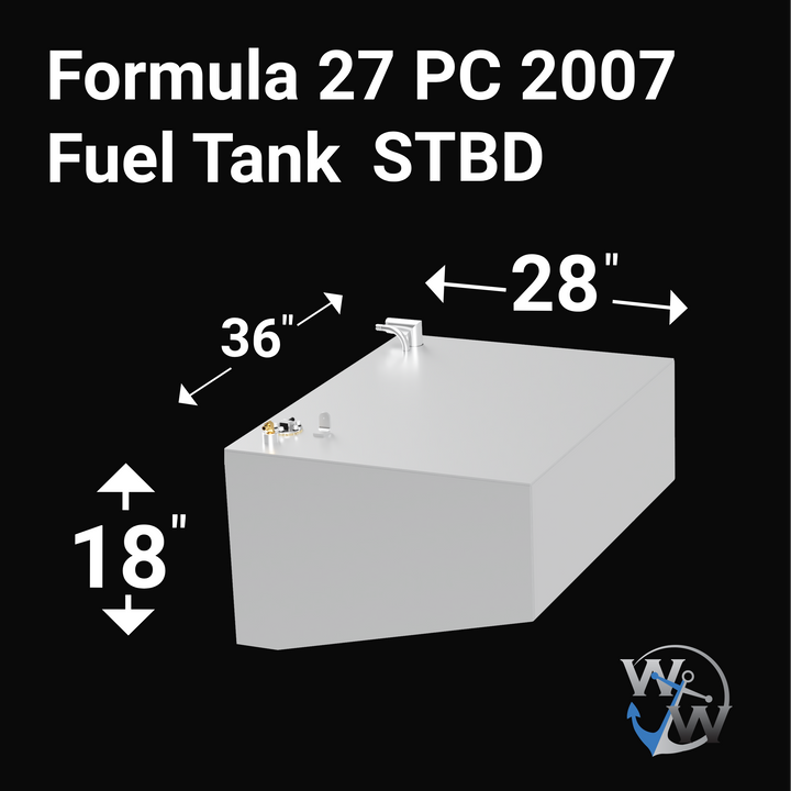 Two black rectangular fuel tanks labeled for a Formula 27 PC 2007, designed for port and starboard sides. The tanks are shown from an angled view, each with fittings on the top surface. The image also includes measurements of 28 inches in width, 36 inches in length, and 18 inches in height. The background is black with a logo in the bottom right corner