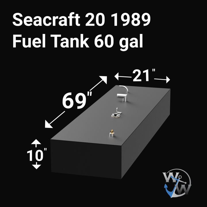 A 3D illustration of a rectangular fuel tank labeled for a Seacraft 20 from 1989, with a capacity of 60 gallons. The tank measures 69 inches in length, 21 inches in width, and 10 inches in height. It has various fittings on the top surface, and the background is black