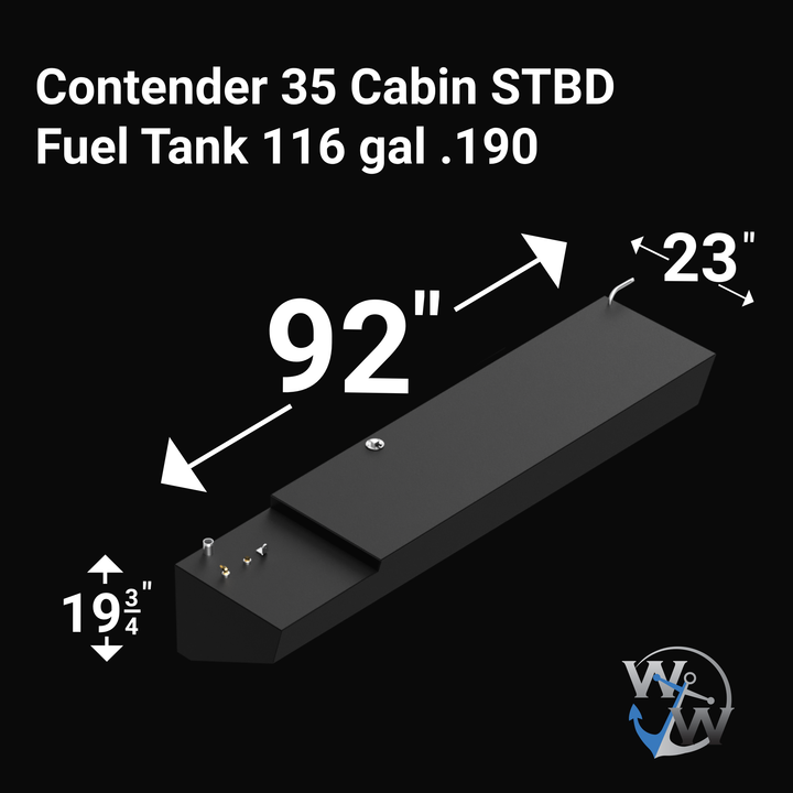 A black rectangular fuel tank labeled for a Contender 35 Cabin with port and starboard sides each holding 116 gallons. The tank measures 92 inches in length, 23 inches in width, and 19 3/4 inches in height. The image includes measurement annotations and a logo in the bottom right corner