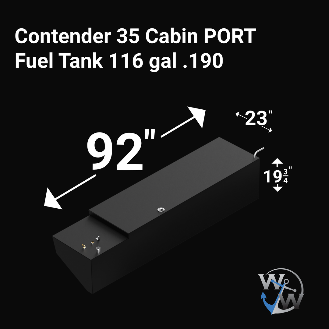 A black rectangular fuel tank with dimensions labeled as 92 inches in length, 23 inches in width, and 19 3/4 inches in height. The tank is marked for a Contender 35 Cabin with port and starboard sides each holding 116 gallons. The image includes measurement annotations and a logo in the bottom right corner