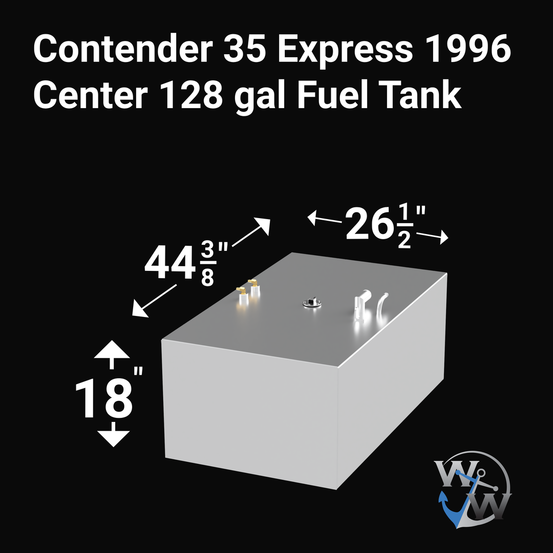A rectangular, silver fuel tank with fittings and valves on the top surface, labeled for a Contender 35 Express 1996 with a capacity of 128 gallons