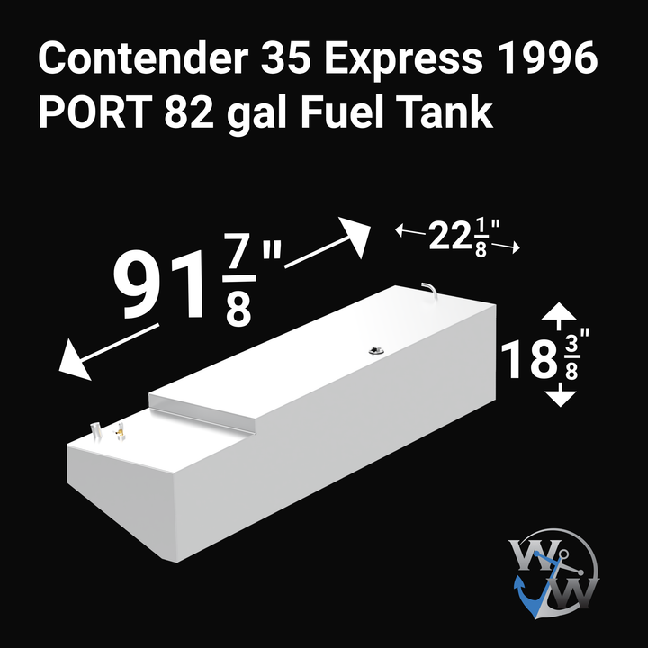 A white rectangular fuel tank labeled for a Contender 35 Express 1996 model with a capacity of 82 gallons. The tank measures approximately 91 7/8 inches in length, 22 1/8 inches in width, and 18 3/8 inches in height. The image shows measurements and a logo in the bottom right corner