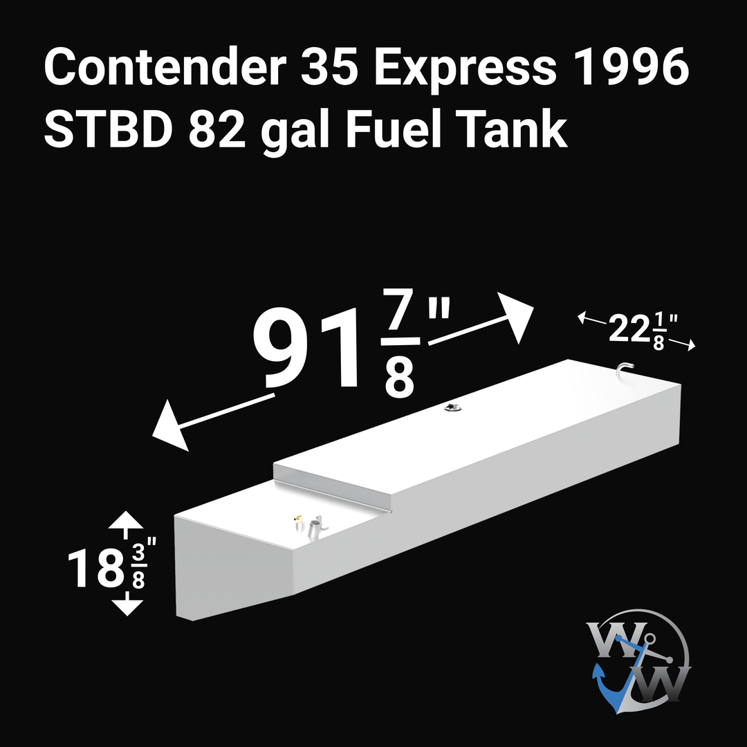 A white rectangular fuel tank with dimensions labeled as 91 7/8 inches in length, 22 1/8 inches in width, and 18 3/8 inches in height. The tank is designed for a Contender 35 Express 1996 model with a capacity of 102 gallons, and the image includes measurement annotations and a logo in the bottom right corner