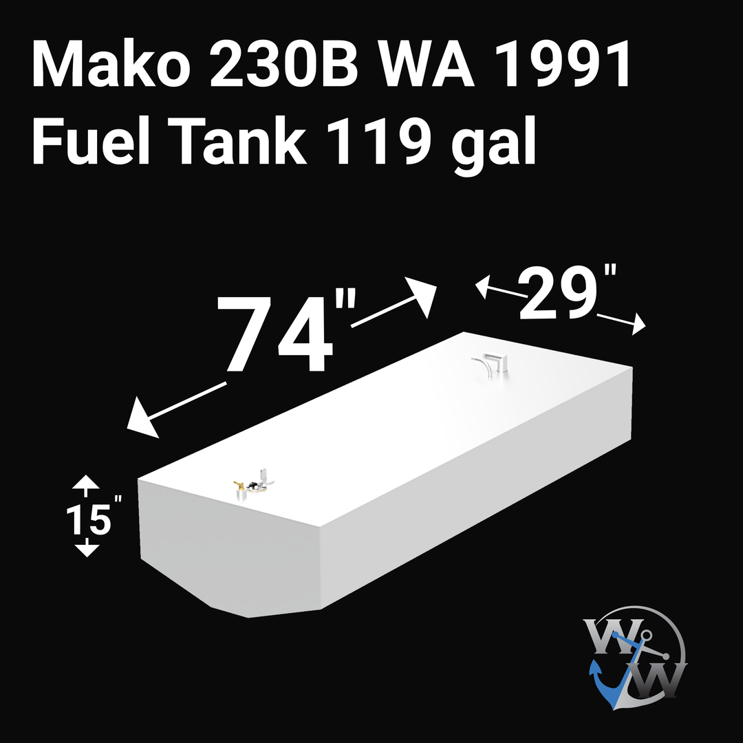 A white rectangular fuel tank with dimensions 74 inches in length, 29 inches in width, and 15 inches in height, labeled for a Mako 230B WA from 1991 with a capacity of 119 gallons. The tank is shown against a black background