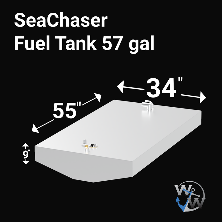 A white rectangular fuel tank for SeaChaser with a capacity of 57 gallons, measuring 55 inches in length, 34 inches in width, and 9 inches in height. The tank has fittings on top and is set against a black background