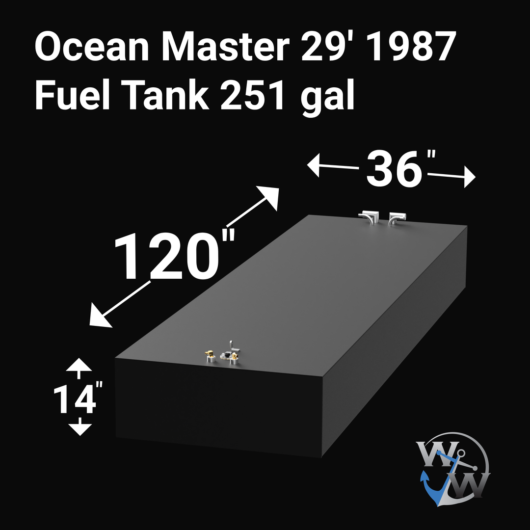A black background with a 3D illustration of a rectangular fuel tank for an Ocean Master 29' boat from 1987, with a capacity of 251 gallons. The tank measures 120 inches in length, 36 inches in width, and 14 inches in height. The image includes measurements and a logo in the bottom right corner