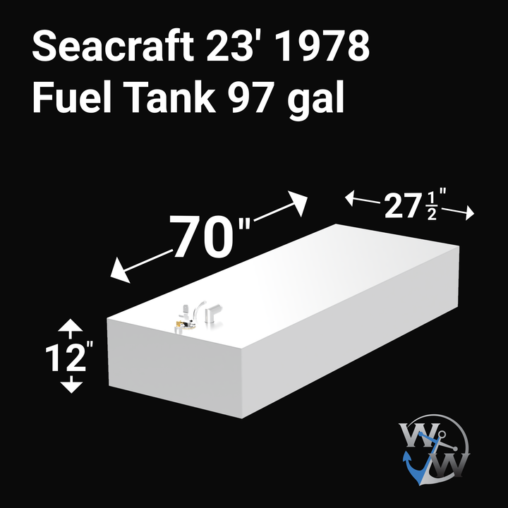 A rectangular black and white diagram of a fuel and water tank set, labeled "Seacraft 23' 1973 Fuel Tank 97 gal & Water Tank 20 gal." The larger fuel tank measures 70 inches in length, 27.5 inches in width, and 12 inches in height, with a faucet and fittings on top. The smaller water tank is attached, with similar fittings. The diagram includes measurements and a logo in the bottom right corner