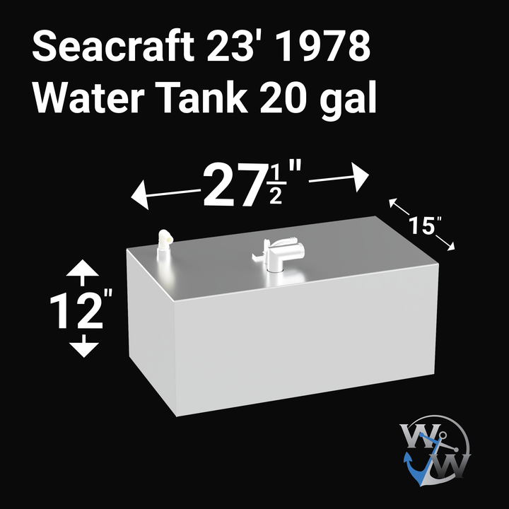 Alt text: Diagram of a Seacraft 23' 1973 fuel tank with a capacity of 97 gallons and a water tank of 20 gallons. The illustration shows a rectangular tank measuring 27.5 inches in length, 15 inches in width, and 12 inches in height. The diagram includes labels for the tank's dimensions and capacity, with a logo featuring an anchor and the initials "W" and "W" in the bottom right corner