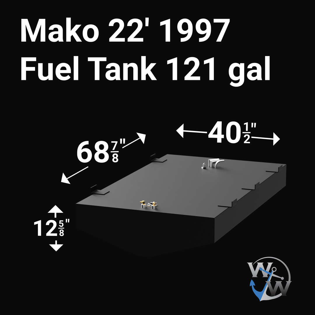 A diagram of a 1997 Mako 22 fuel tank with a capacity of 121 gallons. The tank dimensions are 68.875 inches in length, 40.5 inches in width, and 12.625 inches in height. The tank is shown against a black background, with measurements indicated by arrows