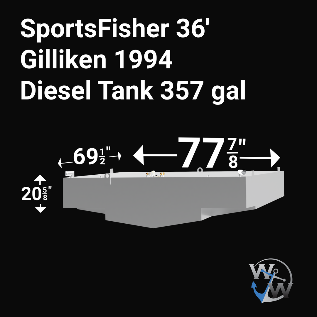 A diagram of a SportsFisher 36' Gilliken diesel tank from 1994, featuring a capacity of 357 gallons. The tank dimensions are labeled: 69.5 inches in height, 77.875 inches in width, and 20.5 inches in depth. The background is black, and the tank is illustrated in a light color.