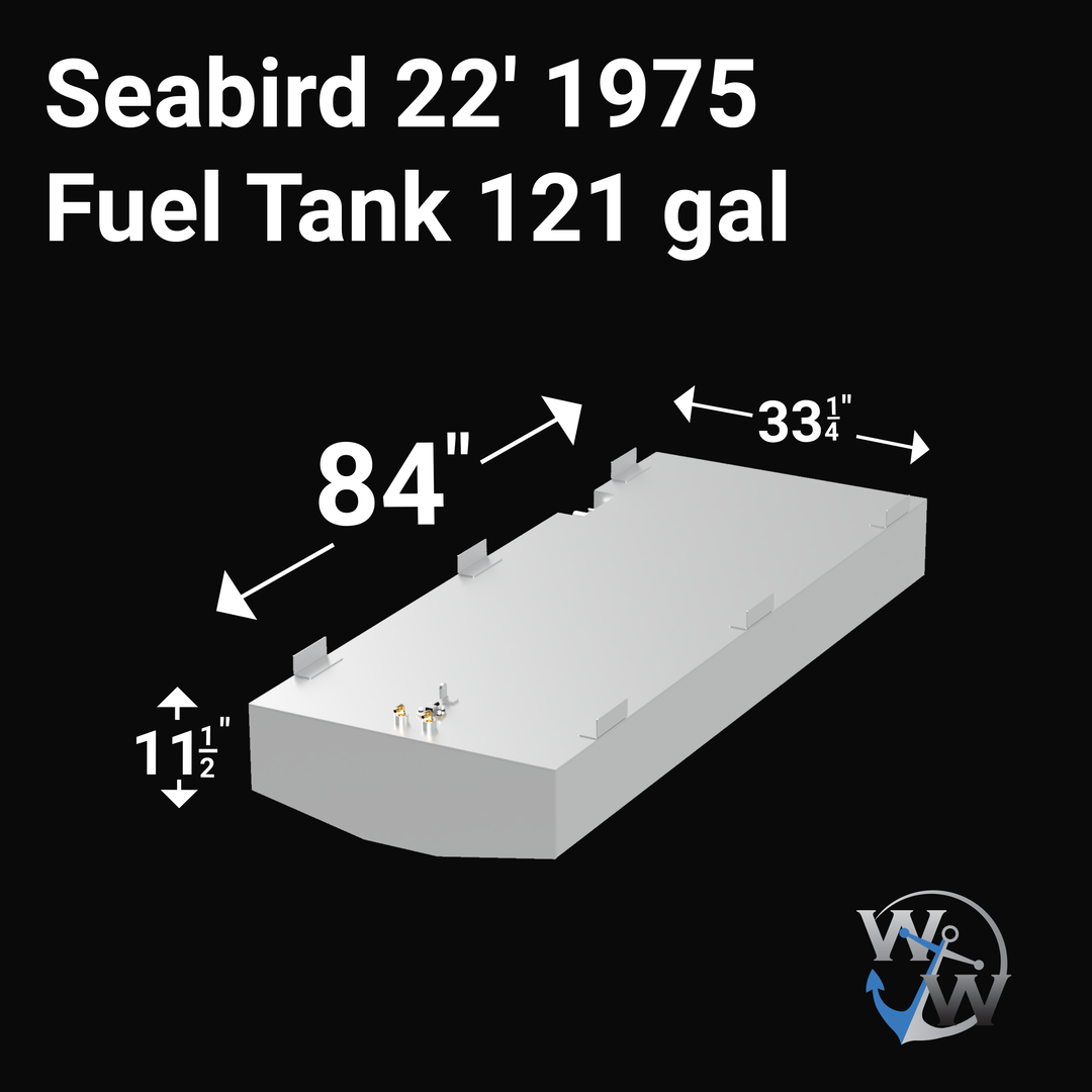 Isometric top-front view of a Seabird 22' 1975 marine fuel tank with a capacity of 121 gallons. The white rectangular tank has an angled front face, eight mounting tabs, and visible fuel fittings. Dimensions are labeled as 84 inches long, 33 1/4 inches wide, and 11 1/2 inches tall. Branding from Welding World is displayed in the bottom-right corner.