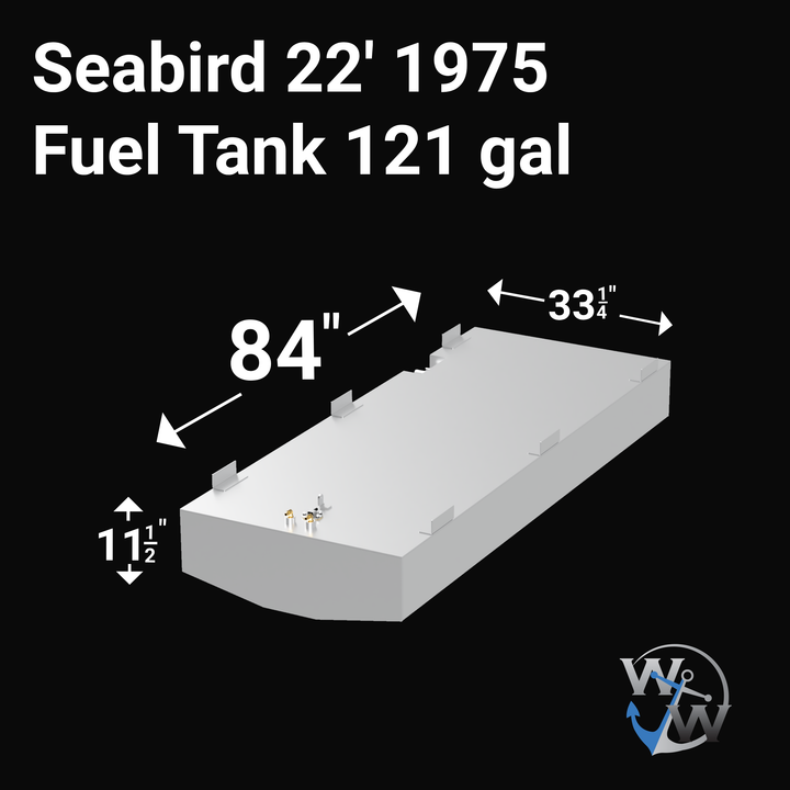 Isometric top-front view of a Seabird 22' 1975 marine fuel tank with a capacity of 121 gallons. The white rectangular tank has an angled front face, eight mounting tabs, and visible fuel fittings. Dimensions are labeled as 84 inches long, 33 1/4 inches wide, and 11 1/2 inches tall. Branding from Welding World is displayed in the bottom-right corner.
