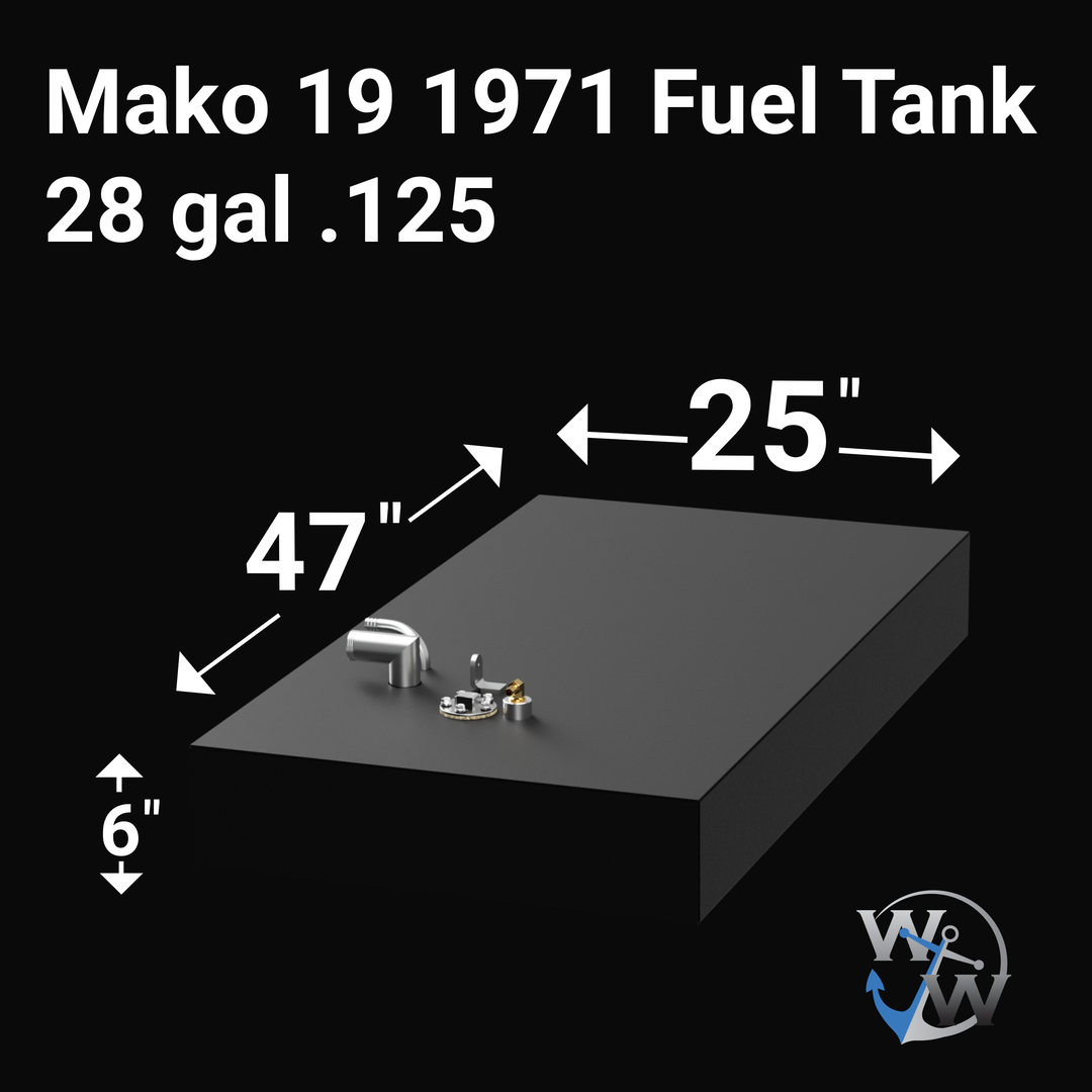A rectangular, black fuel tank from a Mako 19 boat, model year 1971, with a capacity of 28 gallons and a thickness of 0.125 inches. The tank features metal fittings on the top, including a pipe and a gauge, set against a black background. The tank's dimensions are approximately 47 inches in length, 25 inches in width, and 6 inches in height