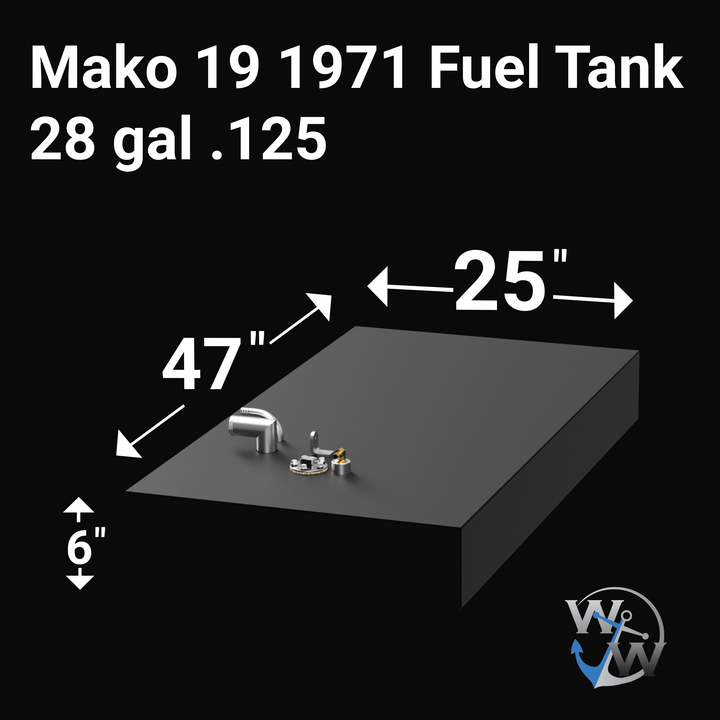 A rectangular, black fuel tank from a Mako 19 boat, model year 1971, with a capacity of 28 gallons and a thickness of 0.125 inches. The tank features metal fittings on the top, including a pipe and a gauge, set against a black background. The tank's dimensions are approximately 47 inches in length, 25 inches in width, and 6 inches in height