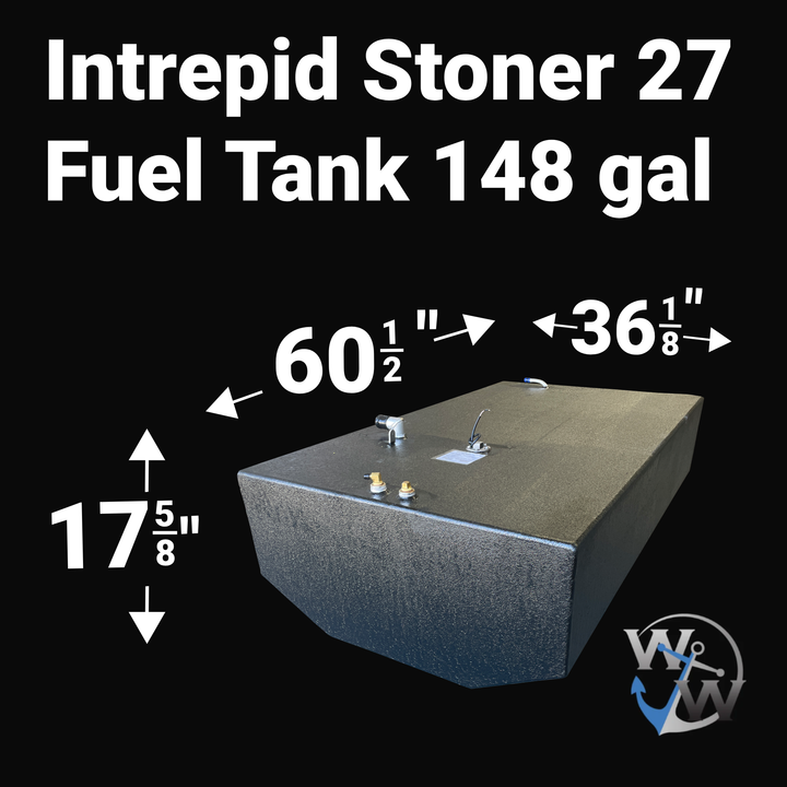 Dimensional diagram for a 149-gallon primary fuel tank for an Intrepid 26 Stoner, showcasing precise engineering measurements: 81 3/4" length, 36" width, and 14 3/4" height. Rendered with a coal-tar epoxy finish and the Welding World logo.