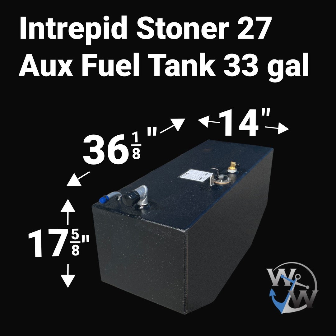 Dimensional diagram for a 148-gallon primary fuel tank for an Intrepid Stoner 27, showing measurements: 60 1/2" length, 36 1/8" width, and 17 5/8" height. Features a coal-tar epoxy finish, V-hull profile, and Welding World logo.
