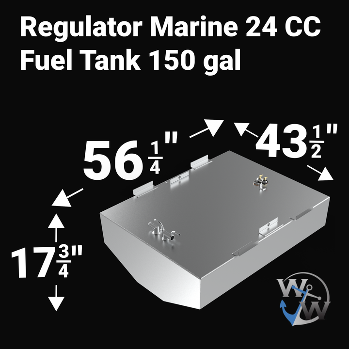 Top-down technical view of a Regulator marine fuel tank replacement. This OEM-spec layout features a heavy-duty .190 aluminum build with a corrosion-resistant Coal Tar Epoxy finish. Key components identified include the high-flow fuel fill, threaded vent port, anti-siphon fuel pickup assembly, and the 5-bolt pattern fuel level sending unit. Engineered to meet ABYC, USCG, and NMMA safety standards for offshore center console vessels.