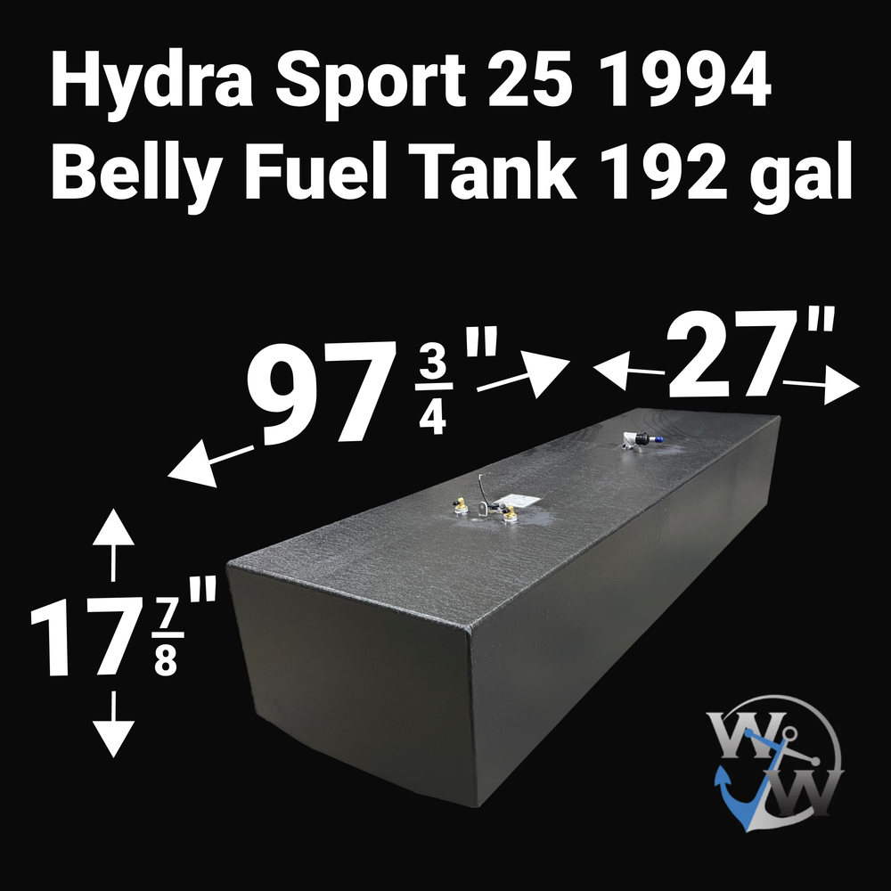 Dimensional layout of a 192-gallon Hydra Sport 25 (1994) belly fuel tank replacement. The image highlights the Coal Tar Epoxy finish and key measurements—97.75-inch length, 27-inch width, and 17.875-inch height—for a guaranteed OEM fit within the boat's center stringer.