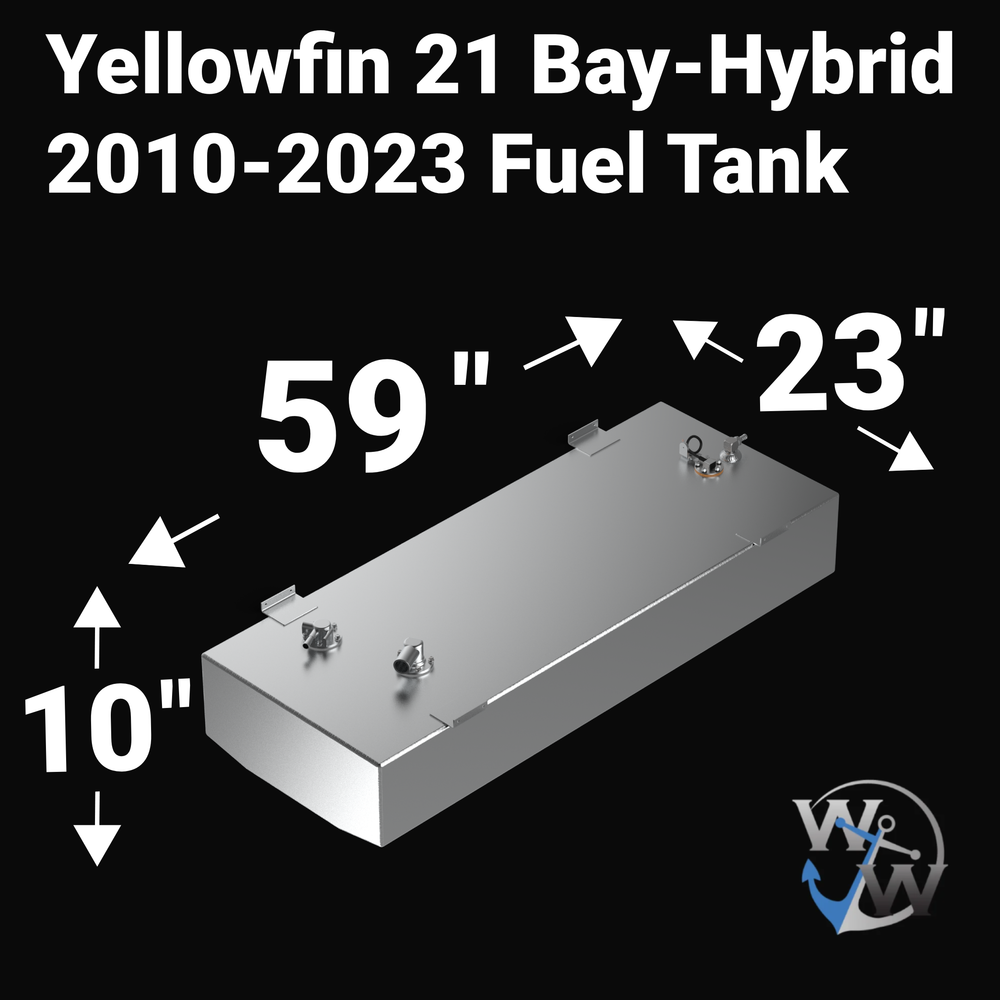 Dimensional diagram of a Yellowfin 21 Bay-Hybrid (2010–2023) replacement fuel tank. The image highlights key measurements—59" length, 23" width, and 10" height—confirming a guaranteed OEM fit for this 50-gallon marine-grade aluminum unit featuring heavy-duty mounting tabs and offset fuel ports.