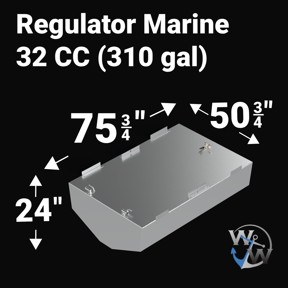 Dimensional layout of a 310-gallon Regulator Marine 32 CC fuel tank replacement. The image highlights the 75.75-inch length, 50.75-inch width, and 24-inch height measurements required for a guaranteed OEM fit. Featuring heavy-duty .190" aluminum construction and Coal Tar Epoxy coating for maximum offshore durability.