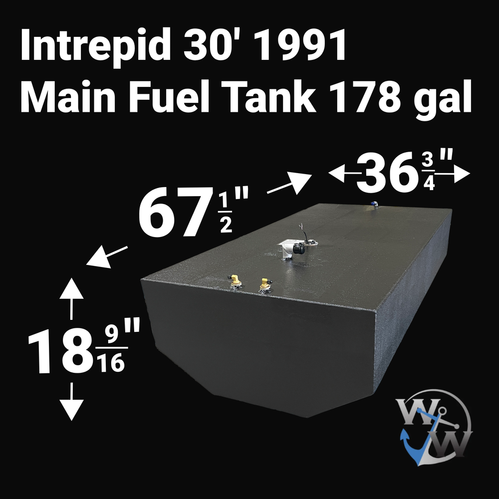 Dimensional layout diagram of a 178-gallon Intrepid 30 (1991) main fuel tank replacement. The image specifies the 67.5-inch length, 36.75-inch width, and 18.56-inch height measurements required for a guaranteed OEM fit. Featuring a precision-engineered hull-conforming bottom and heavy-duty Coal Tar Epoxy coating for a seamless "drop-in" installation.