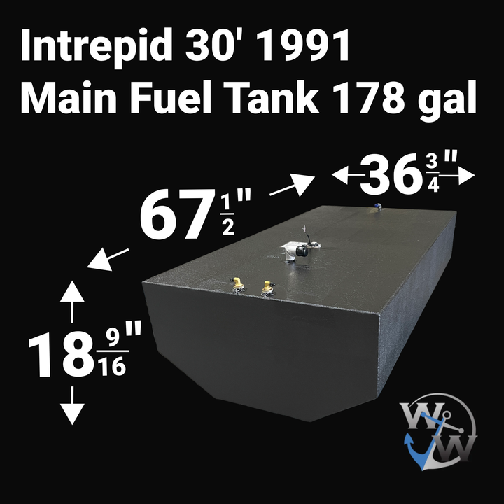 Dimensional layout diagram of a 178-gallon Intrepid 30 (1991) main fuel tank replacement. The image specifies the 67.5-inch length, 36.75-inch width, and 18.56-inch height measurements required for a guaranteed OEM fit. Featuring a precision-engineered hull-conforming bottom and heavy-duty Coal Tar Epoxy coating for a seamless "drop-in" installation.
