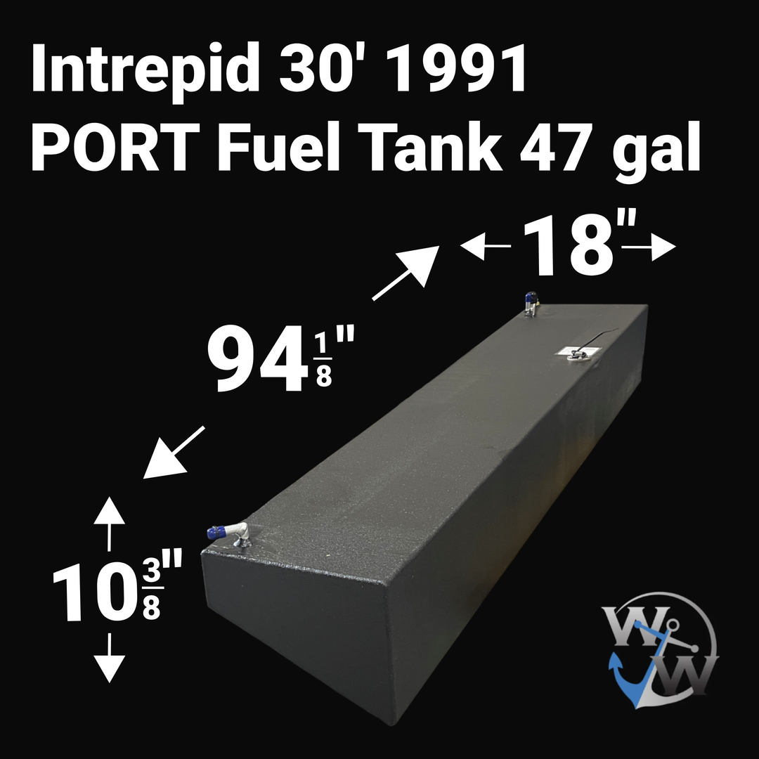 Dimensional layout diagram of a 47-gallon Intrepid 30 (1991) port wing fuel tank replacement. The image specifies the 94.125-inch length, 18-inch width, and 10.375-inch height measurements required for a guaranteed OEM fit. Featuring a specialized sloped hull-conforming profile and heavy-duty Coal Tar Epoxy coating for a seamless "drop-in" installation.