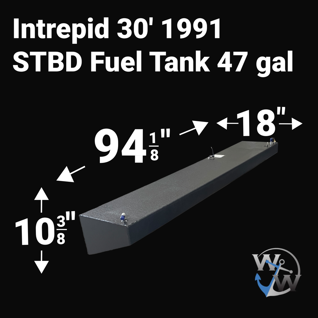 Dimensional layout diagram of a 47-gallon Intrepid 30 (1991) starboard wing fuel tank replacement. The image specifies the 94.125-inch length, 18-inch width, and 10.375-inch height measurements required for a guaranteed OEM fit. Featuring a specialized sloped hull-conforming profile and heavy-duty Coal Tar Epoxy coating for a seamless "drop-in" installation.