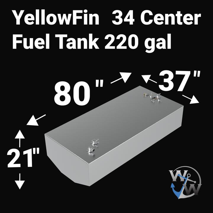 Dimensional diagram of a 220-gallon Yellowfin 34 center fuel tank replacement, featuring a hull-conforming V-bottom design. The technical illustration displays critical measurements ($80" \times 37" \times 21"$) and top-mounted fuel system ports, ensuring a guaranteed OEM fit and EPA-compliant construction for high-performance offshore restorations.