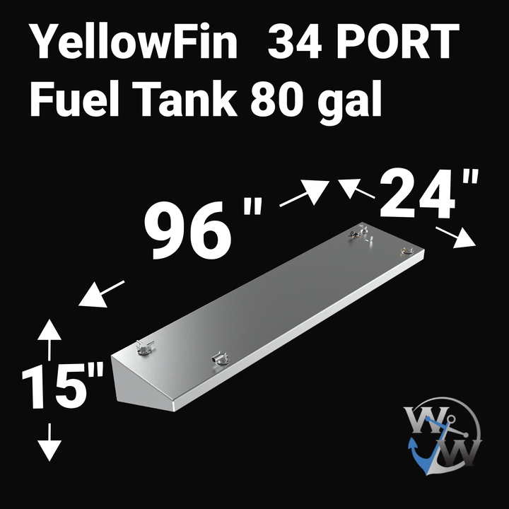 Dimensional diagram of an 80-gallon Yellowfin 34 port wing fuel tank replacement, featuring a specialized sloped hull-conforming geometry. The technical illustration displays critical measurements ($96" \times 24" \times 15"$) and top-mounted fuel system ports, ensuring a guaranteed OEM fit and EPA-compliant construction for high-performance offshore restorations.