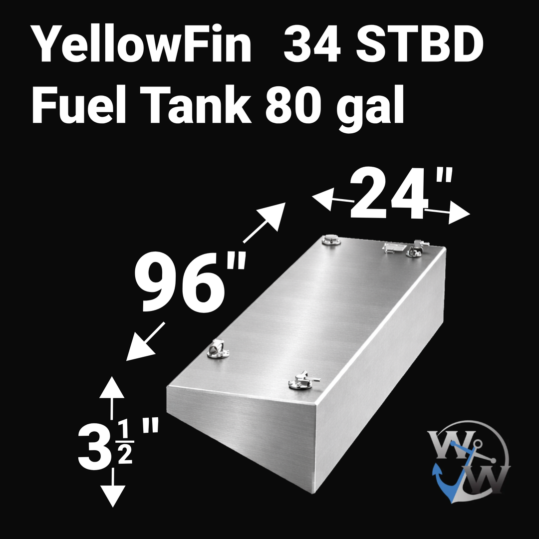 Dimensional diagram of an 80-gallon Yellowfin 34 starboard (STBD) wing fuel tank replacement, featuring a specialized sloped hull-conforming geometry. The technical illustration displays critical measurements ($96" \times 24" \times 3.5"$) and top-mounted fuel system ports, ensuring a guaranteed OEM fit and EPA-compliant construction for high-performance offshore restorations.
