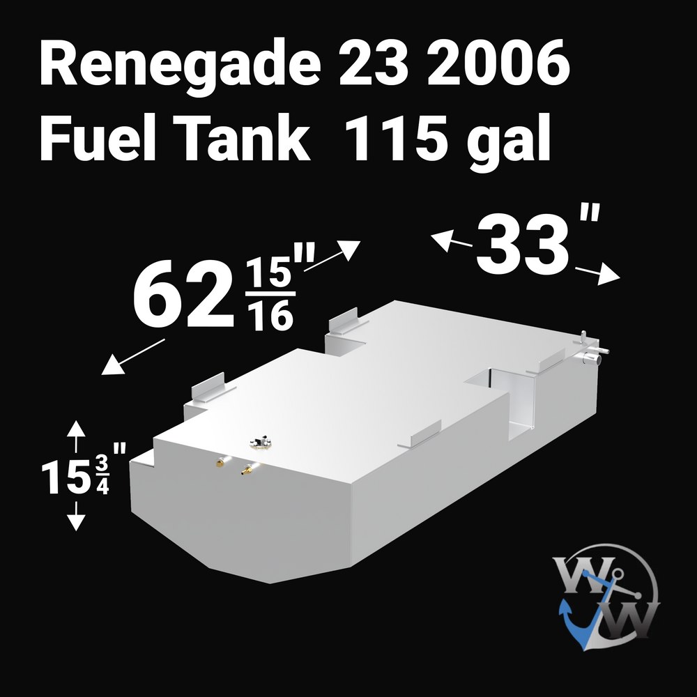 A 3D render of a boat fuel tank against a black background, labeled "Renegade 23 2006 Fuel Tank 115 gal". Arrows indicate the tank's dimensions: 15 3/4 inches high, 62 15/16 inches long, and 33 inches wide. The tank has a complex stepped design. A blue "WW" logo is in the bottom right corner.